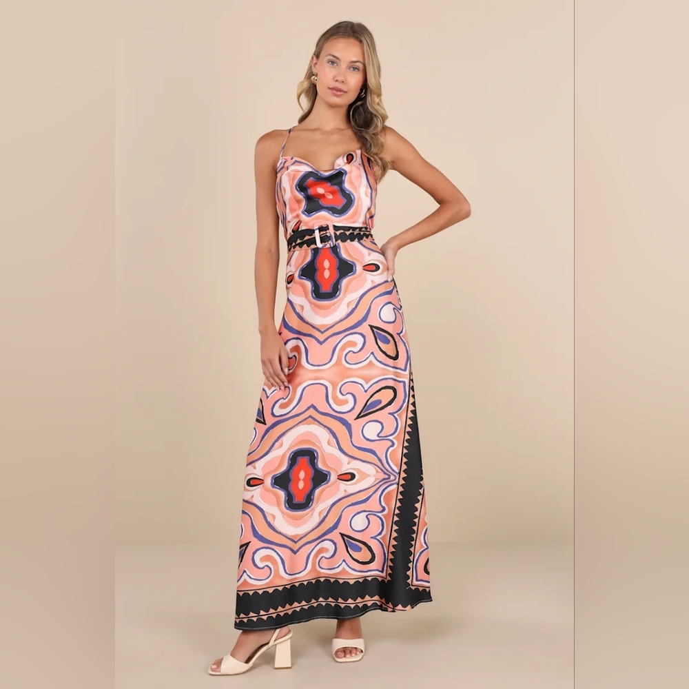 NWT Rich Demeanor Pink Multi Abstract Backless Buckle Maxi Dress